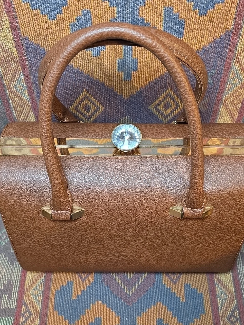 La Terre Fashion Vegan Leather Brown Satchel Handbag Rhinestone Clasp With Strap